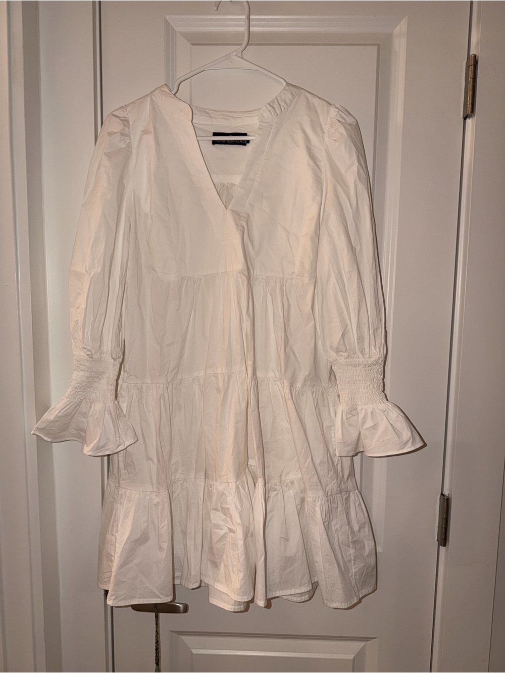 Pomander Place Cream Tiered V-Neck Mini Dress with Smocked Cuffs